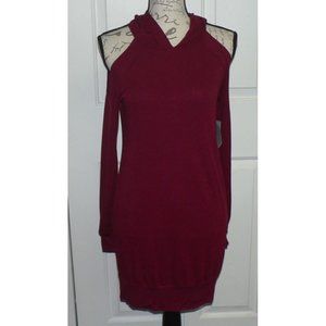 Kenedik Women's Cold Shoulder Fleece Hooded‎ Sweatshirt Dress Burgundy Small $64